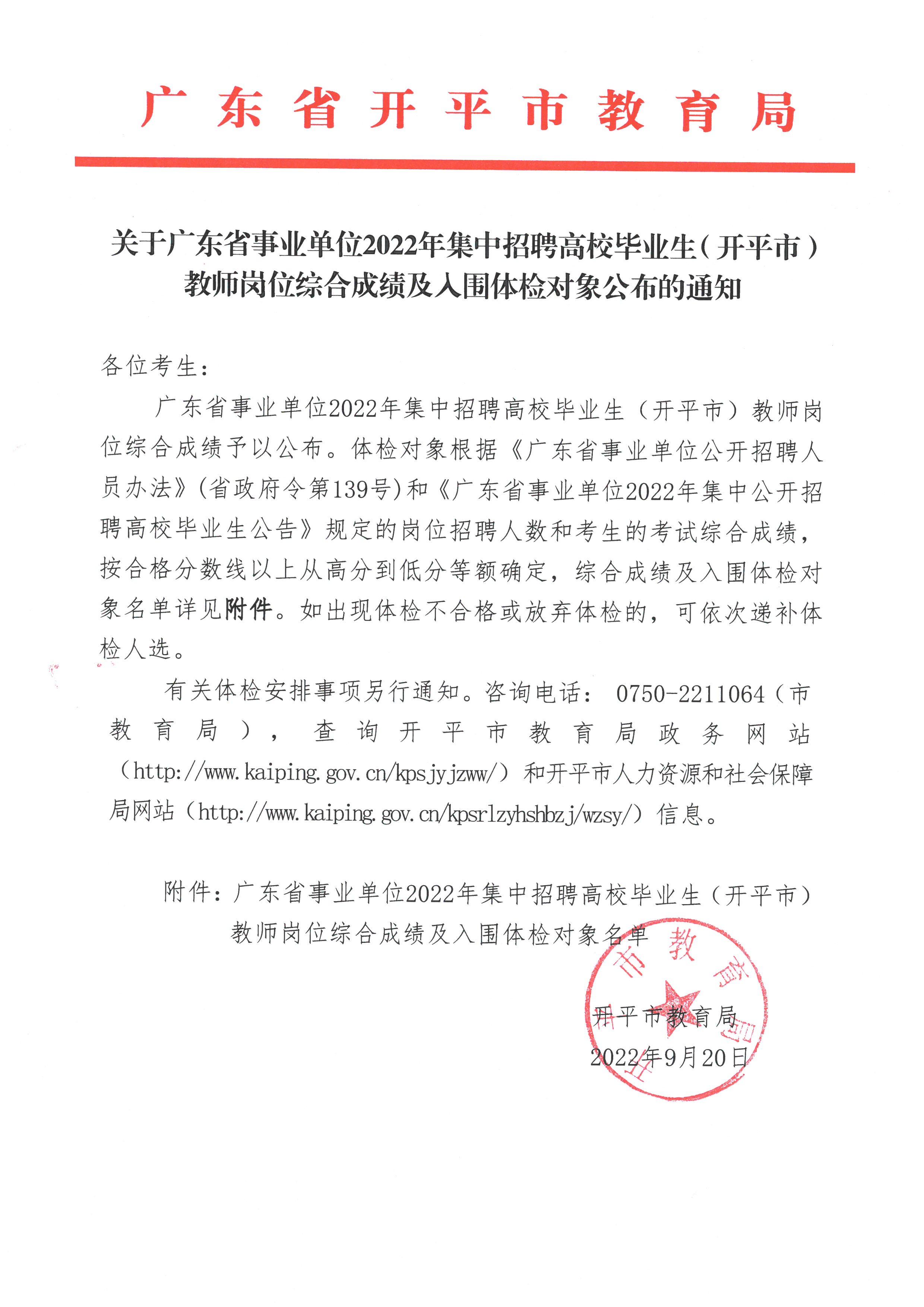 關于廣東省事業(yè)單位2022年集中招聘高校畢業(yè)生（開平市）教師崗位綜合成績及入圍體檢對象公布的通知.jpg